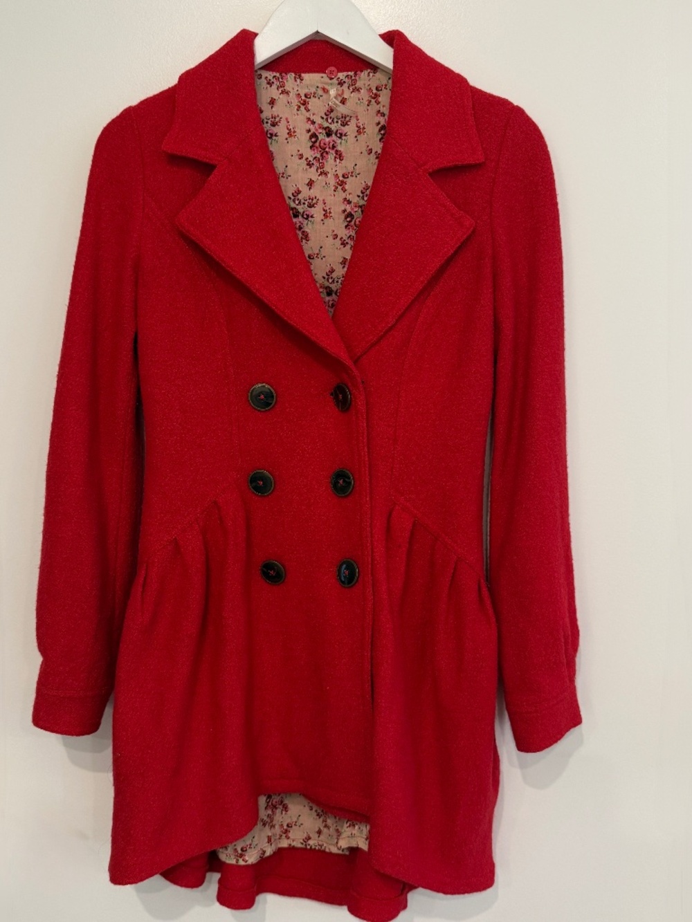 Free People Red Peplum Wool Boucle Swing Peacoat Boho Whimsy Floral Lining XS